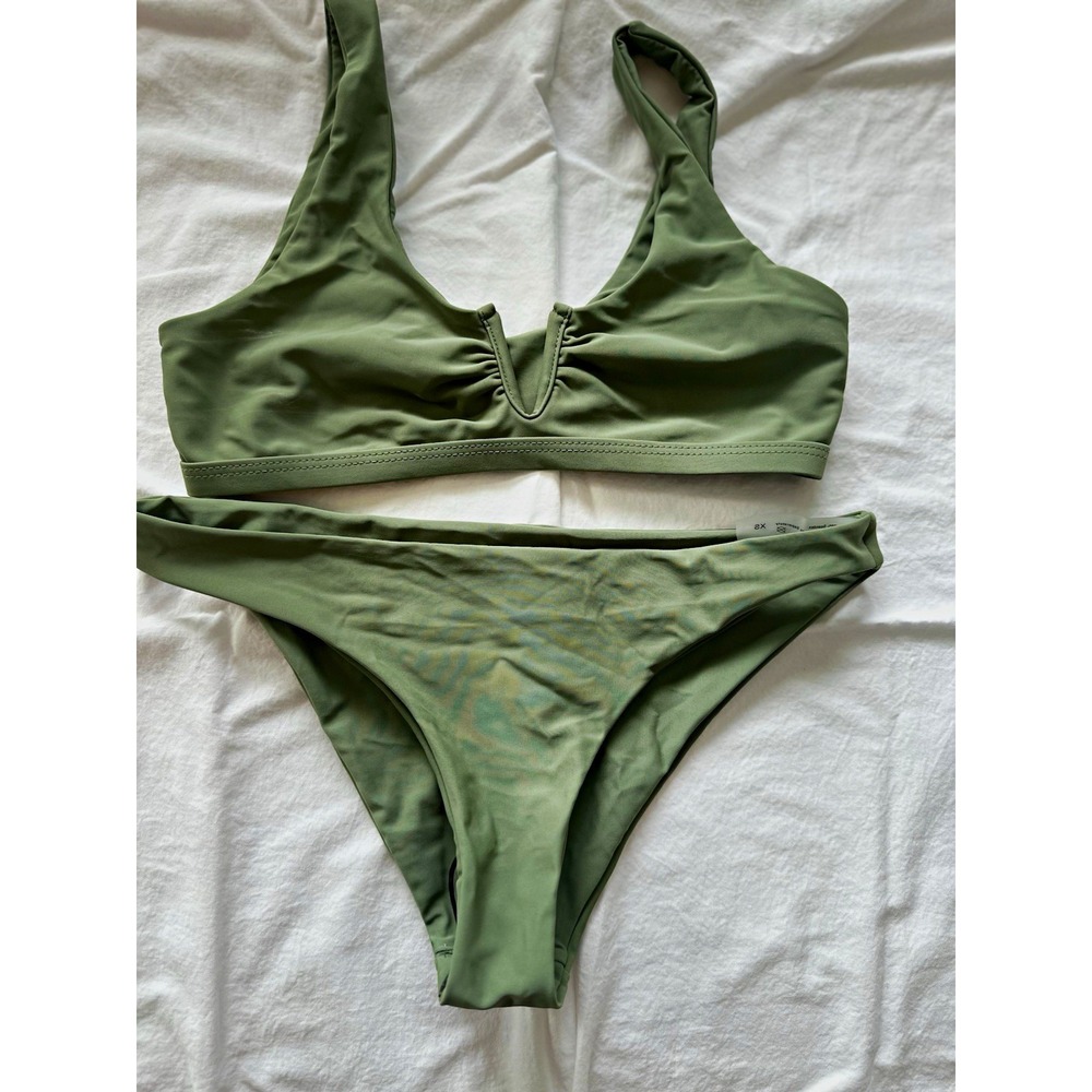 Women's XS Regular 2-Piece Bikini Green Solid Wide Strap